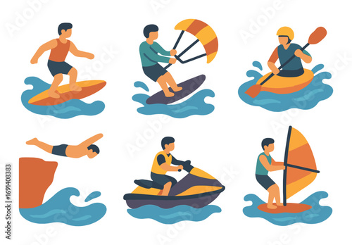 Water sports flat icons set. featuring surfing, kiteboarding, kayaking, diving, jet skiing, windsurfing.