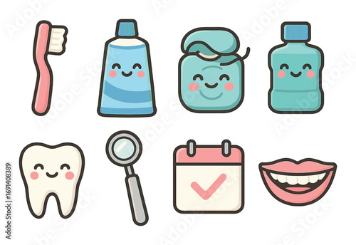Dental care flat icon set. featuring toothbrush, toothpaste, floss, mouthwash, tooth, mirror, calendar, smile.