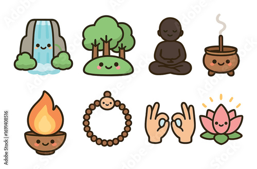 Relaxation symbols flat icon set. featuring waterfall, forest, meditation, incense, flame, beads, mudra, lotus.