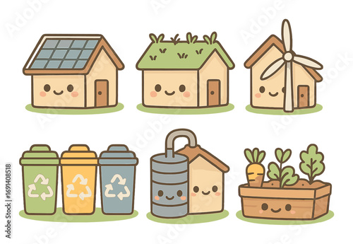 Eco-friendly home flat icon set. featuring solar, green roof, wind, recycling, compost, and garden symbols.