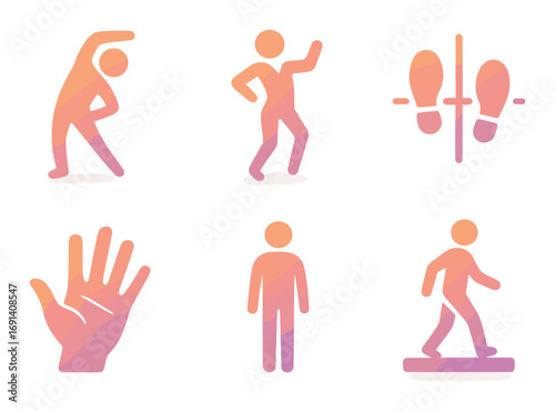 Fitness and exercise silhouette icons set. featuring stretching, dancing, yoga, meditation, hand gesture, walking.