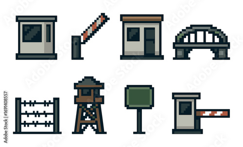 Security and infrastructure pixel icon set. featuring gate, barrier, booth, bridge, fence, tower, sign.