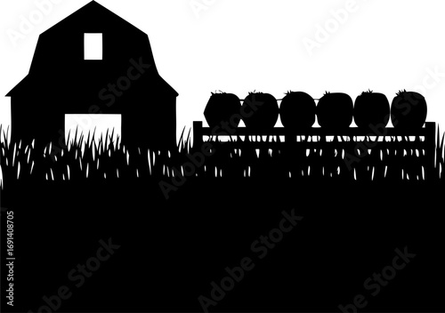 Harvest Barn Silhouette with a Row of Hay Bales Rustic Farm Autumn Vector Illustration, Harvest Barn with Hay Bales Silhouette, Rustic Farm Barn Vector, Autumn Field Barn Illustration
