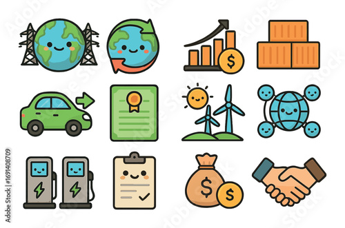 Eco-friendly linear icon set. featuring renewable energy, green car, certificate, handshake, savings, investment.