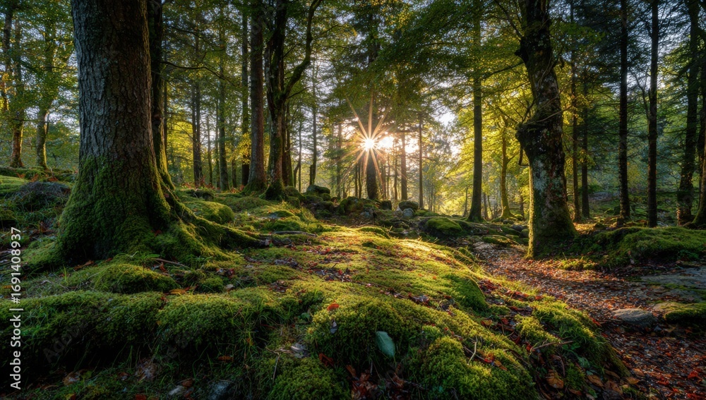 Obraz premium Sunlight filtering through a mossy forest