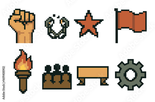 Socialism theme pixel art icon set. featuring fist, wreath, star, flag, torch, crowd, sign, gear.