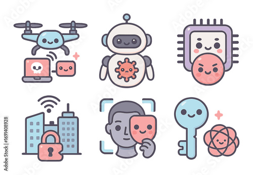 Technology and security flat icon set. featuring drone, robot, chip, privacy, key, and facial recognition symbols.