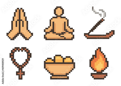 Spiritual practices pixel icon set. featuring prayer, meditation, incense, rosary, offering, and fire symbols.