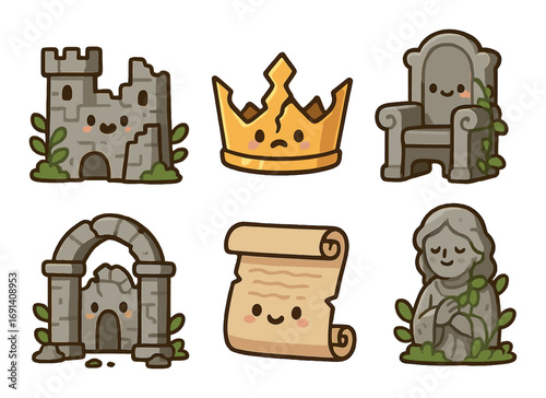 Medieval elements flat icon set. featuring castle, crown, throne, archway, scroll, and statue symbols.