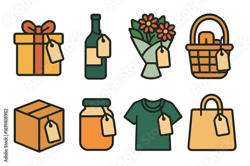 Shopping linear icon set. featuring gift, bottle, flowers, basket, box, jar, shirt, and bag symbols.