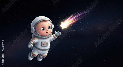 Adorable baby astronaut marvels at the cosmic beauty, reaching out to grasp a brilliant shooting star, embodying dreams, wonder, and space exploration