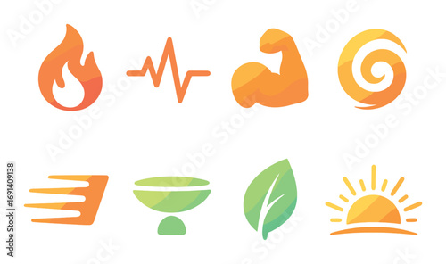 Wellness and fitness gradient icon set. featuring fire, heartbeat, muscle, spiral, speed, bowl, leaf, sun symbols.