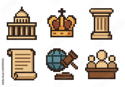Government and justice pixel art icon set. featuring parliament, crown, column, scroll, globe, and courtroom.