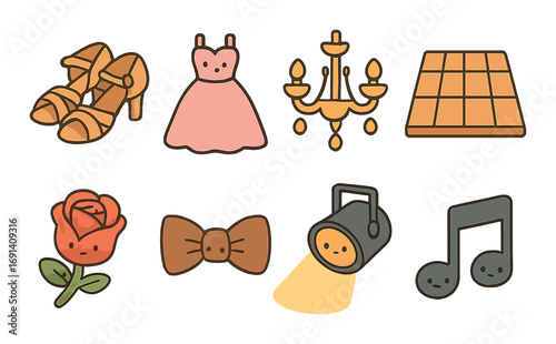 Ballroom dance flat icon set. featuring shoes, dress, chandelier, floor, rose, bow tie, spotlight, note..