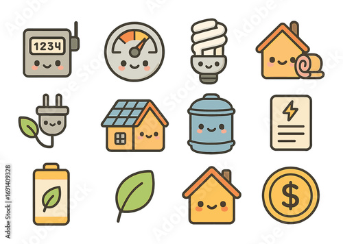 Home energy flat icon set. featuring meter, efficiency, bulb, energy, plug, eco house, and bill symbols.
