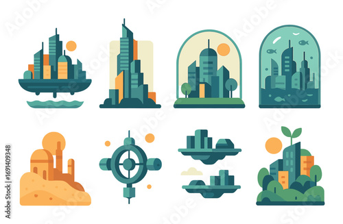 Futuristic city silhouette icon set. featuring skyline, skyscraper, eco-friendly, underwater, sci-fi cities.