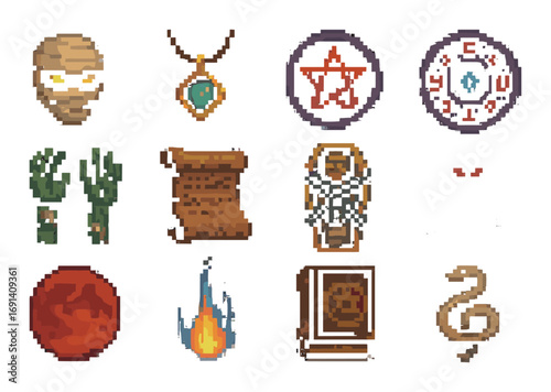 Magic artifacts flat icons set. featuring mummy, amulet, rune, foliage, scroll, talisman, eyes, moon, fire, book, snake.