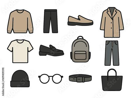Fashion accessories flat icons set. featuring sweater, pants, jacket, shoes, backpack, and hat icons.