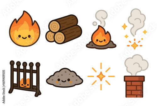 Fire elements flat icon set. featuring fire, logs, smoke, spark, fireplace, ashes, chimney symbols.