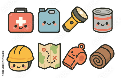 Camping essentials flat icons set. first aid, canteen, flashlight, canned food, helmet, map, whistle, blanket.