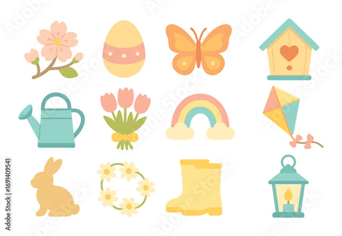 Springtime flat icon set. featuring blossom, egg, butterfly, birdhouse, watering can, tulips, rainbow, kite, bunny, wreath, boots, lantern.