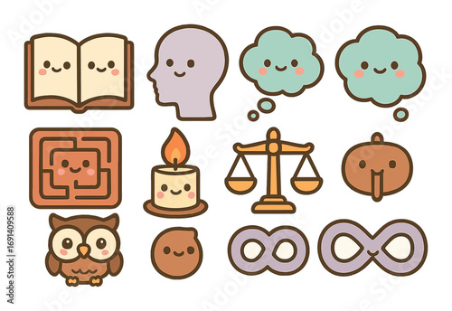 Education and mindfulness flat icon set. featuring book, head, thought, puzzle, candle, scales, elephant, owl, infinity..