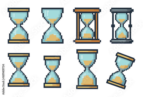 Timepiece silhouette icon set. featuring hourglass, sand, timer, clock, vintage, countdown, antique, and retro symbols.