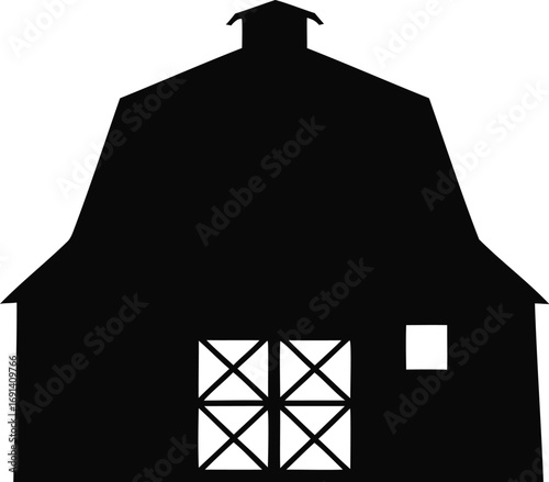 Barn Silhouette with Falling Autumn Leaves Rustic Harvest Farm Vector Illustration, Autumn Barn Silhouette, Rustic Farm Barn Vector, Countryside Barn with Leaves Illustration