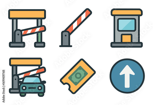 Parking and toll flat icon set. featuring barriers, booths, ticket, car, and arrow symbols.