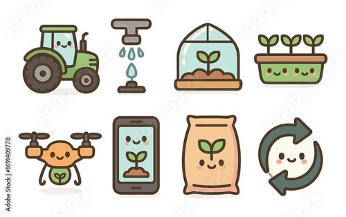 Agriculture linear icons set. featuring tractor, irrigation, greenhouse, seeds, drone, smartphone, fertilizer, recycling.