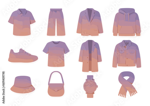 Fashion apparel silhouette icon set. featuring shirt, shorts, blazer, hoodie, sneakers, t-shirt, coat, jacket, hat, bag, watch, scarf..