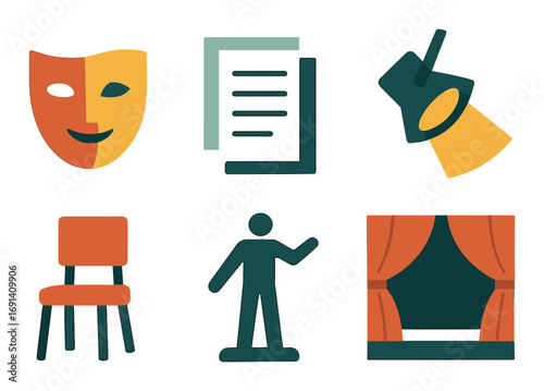 Theater arts silhouette icon set. featuring masks, script, spotlight, chair, actor, stage.