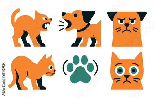 Animal emotions silhouette icon set. featuring angry cat, barking dog, sad puppy, curious kitty, paw print.