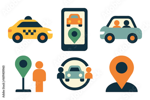 Transportation icons flat style set. featuring taxi, rideshare, smartphone app, gps, map pin, rideshare..