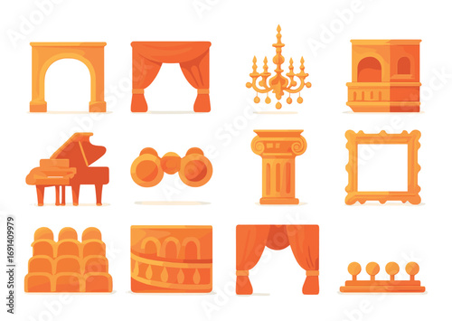 Theater elements flat icon set. featuring stage, curtains, chandelier, balcony, piano, binoculars, column, frame.