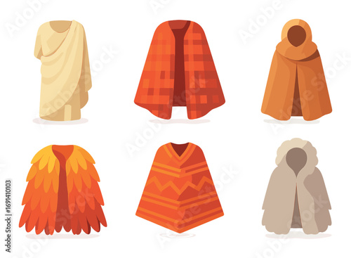 Clothing silhouette icon set. featuring toga, plaid cloak, hooded shawl, feather cape, zigzag poncho, padded jacket.