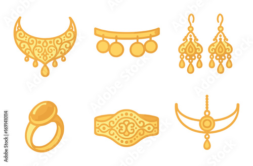 Jewelry silhouette icon set. featuring necklace, bracelet, earrings, ring, anklet, tiara symbols.