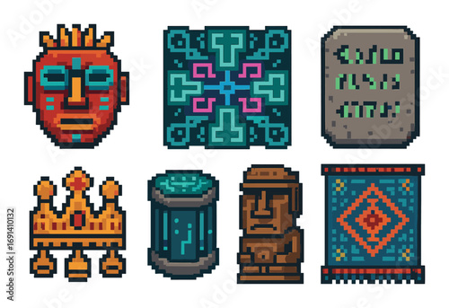 Mayan culture flat icon set. featuring mask, cross, tablet, crown, stone, and pattern symbols.