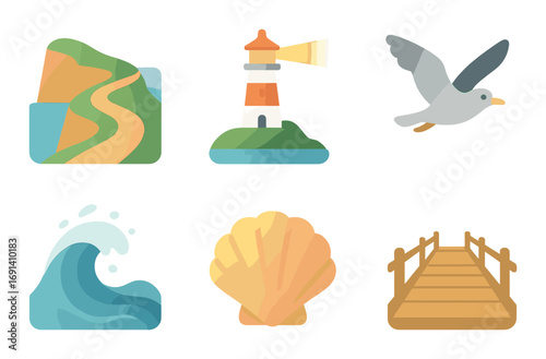 Coastal nature flat icon set. featuring cliff, lighthouse, seagull, wave, shell, pier symbols.