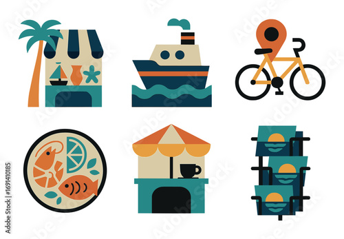 Travel and leisure flat icons set. featuring bar, cruise, bike, seafood, cafe, beach symbols.