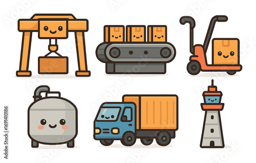 Cute industrial flat icon set. featuring crane, assembly line, pallet jack, storage tank, truck, lighthouse.