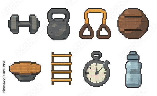 Fitness equipment pixel icon set. featuring dumbbell, kettlebell, rope, medicine ball, trampoline, ladder, stopwatch, bottle.
