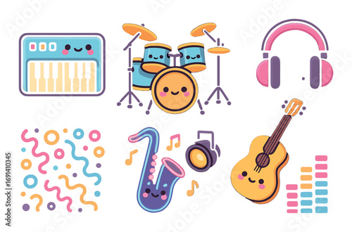Music neon icon set. featuring drums, guitar, saxophone, headphones, keyboard, spotlight, music notes.