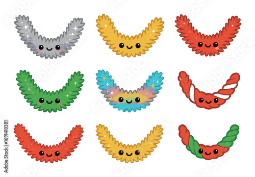 Fantasy creatures flat icon set. featuring happy sprites, magical wings, sparkles, colorful smiles, and bright tails.