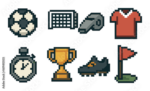 Sports equipment pixel icon set. featuring ball, goal, whistle, jersey, timer, trophy, shoe, flag.