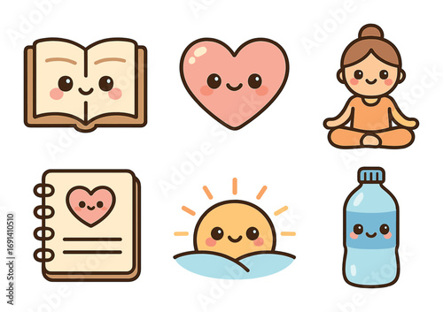 Health and wellness flat icon set. featuring book, heart, meditation, journal, sunrise, water bottle symbols.