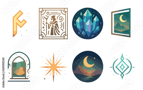 Fantasy silhouette icon set. featuring rune, relic, crystal, art, window, star, landscape, light symbols.