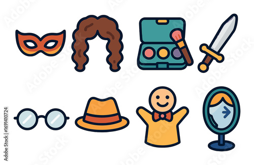 Theater arts flat icon set. featuring mask, wig, makeup, sword, glasses, hat, puppet, and mirror.