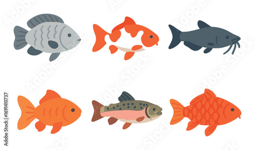 Aquarium fish flat icon set. featuring tilapia, koi, catfish, goldfish, trout, and carp symbols.