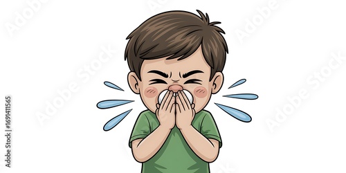Young boy sneezing with tissues covering his nose and mouth, showing illness and discomfort